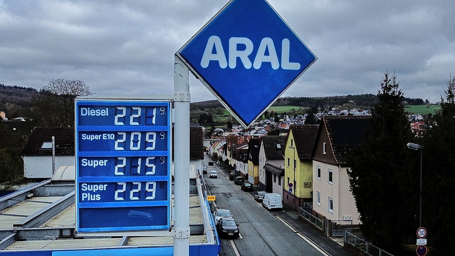 A gasoline price board is shown at a gas station in Neu-Anspach near Frankfurt, Germany, Friday, March 27, 2026