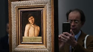 Antonello da Messina's Ecce Homo, a tempera-on-panel painting dating from around 1470 on display for reporters at the Italian Senate, 27 March 2026