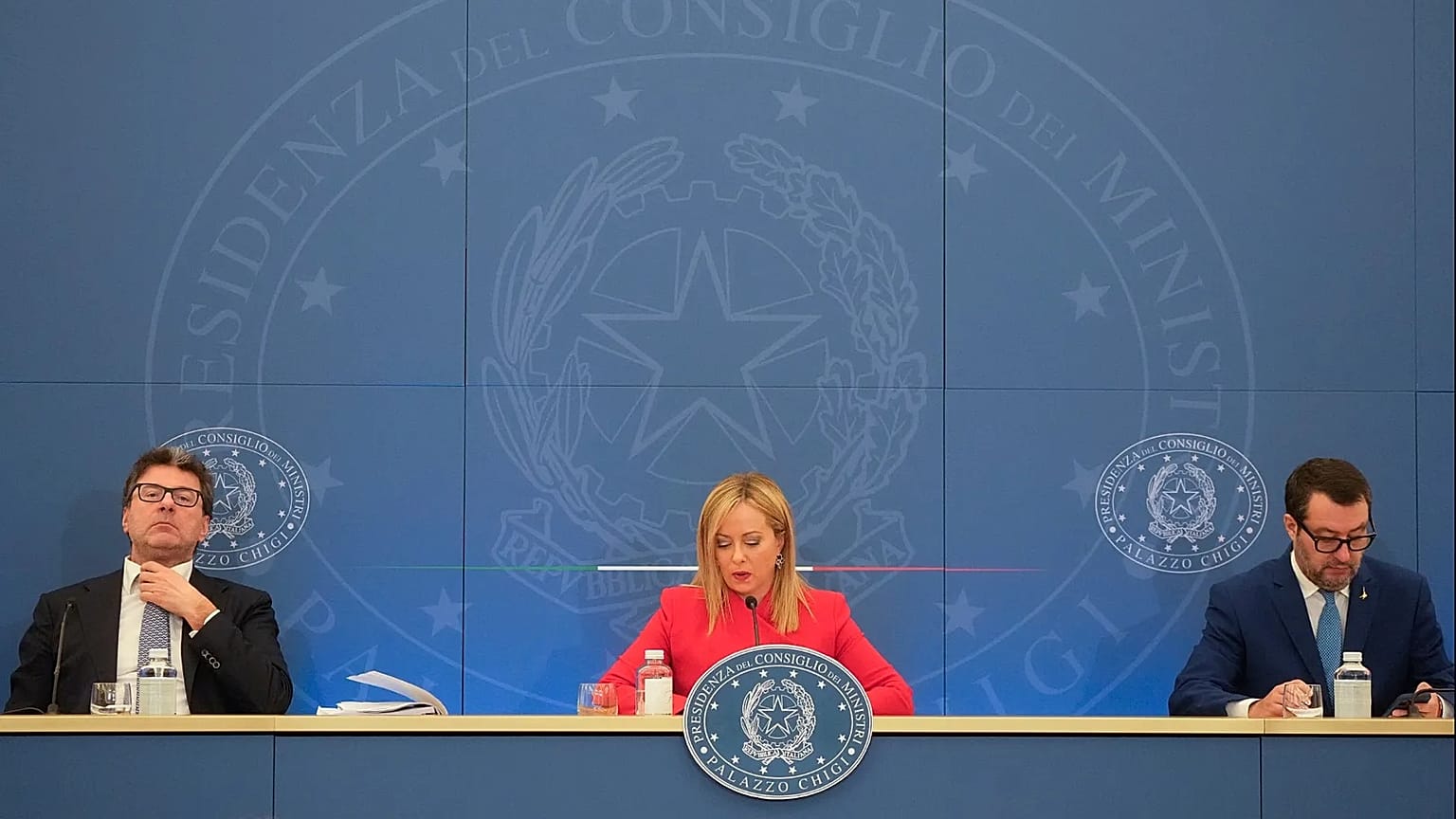 ARCHIVIO - Giorgia Meloni con i ministri Giorgetti e Salvini alla presentazione della finanziaria nel novembre 2023