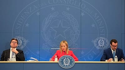 ARCHIVIO - Giorgia Meloni con i ministri Giorgetti e Salvini alla presentazione della finanziaria nel novembre 2023