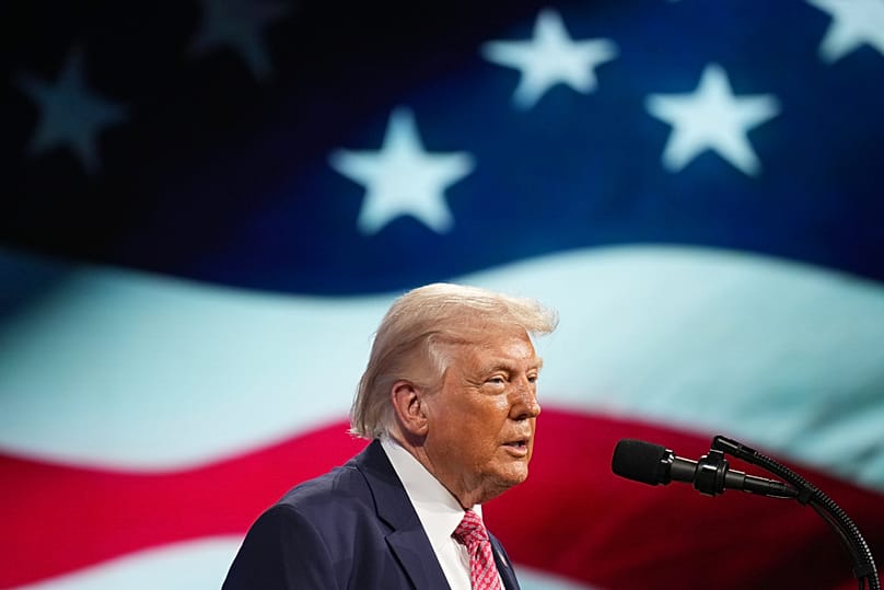 US President Donald Trump speaks at the Future Investment Initiative Institute's summit Friday, March 27, 2026, in Miami Beach, Florida