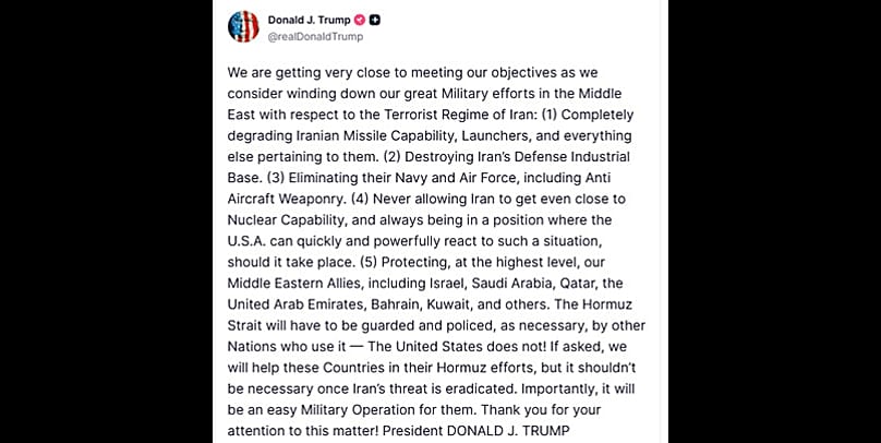 Screen grab of a post by US President Donald Trump on Truth Social outlining the goals of his military operations in Iran