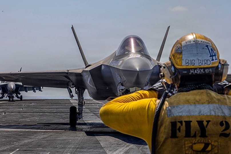 A US F-35C Lightning II preparing for launch on the flight deck of the USS Abraham Lincoln (CVN 72) in support of Operation Epic Fury on Monday, March 2, 2026
