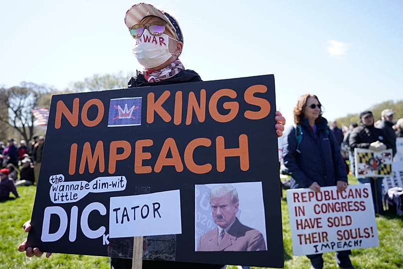 Demonstrators rally during the No Kings protest in Washington, Saturday, 28 March, 2026.