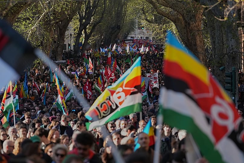 People take part in a national anti-war demonstration organized by "No Kings Italy movement" in Rome, Saturday, 28 March, 2026.