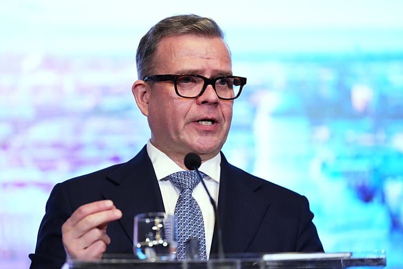Prime Minister of Finland Petteri Orpo briefs the media at the Eastern Flank Summit at the House of the Estates in Helsinki, Finland, Tuesday, Dec. 16, 2025