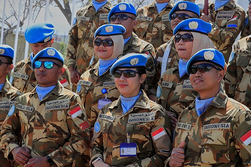 Indonesian UN peacekeepers attend a ceremony to mark the 47th anniversary of UNIFIL Establishment Day, at the UN Peacekeepers headquarters in Naqoura, Lebanon, March 19, 2025.