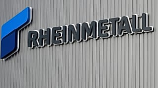 The logo of German arms manufacturer Rheinmetall is pictured in Unterluess, Germany, Wednesday, Aug. 27, 2025