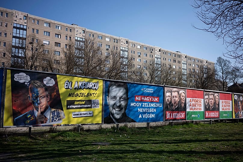 Campaign posters displayed on the street in Budapest, 14 March, 2026