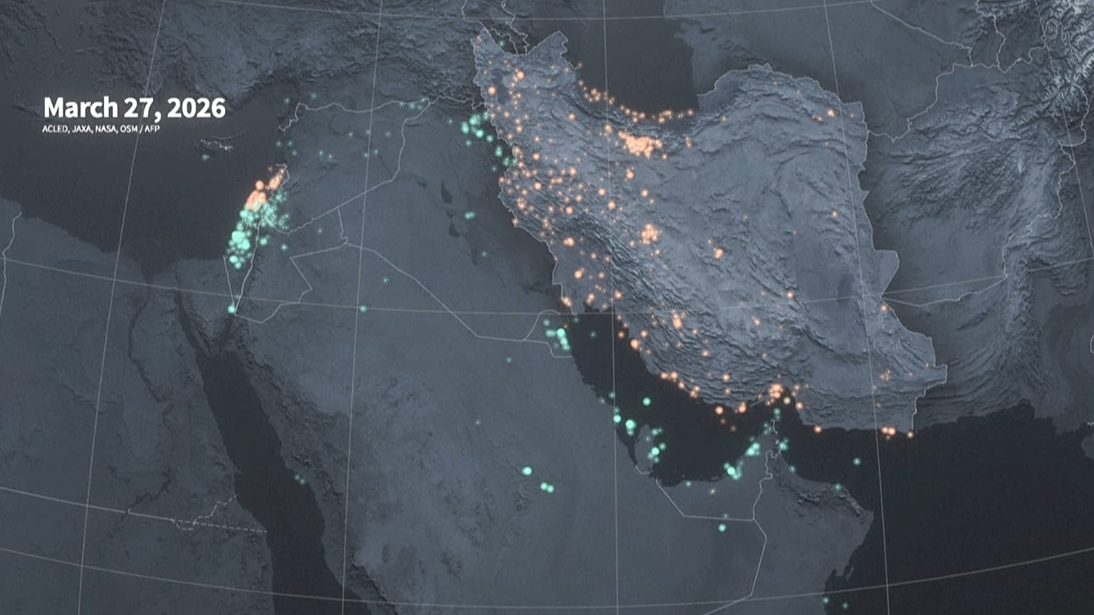 Animated map showing drone and missile attacks in the Middle East from Feb 28 to Mar 27.