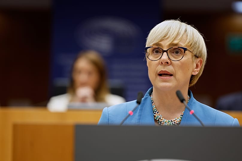 Slovenia's President Nataša Pirc Musar addresses the audience during a plenary session at the European Parliament building in Brussels, 21 May, 2025
