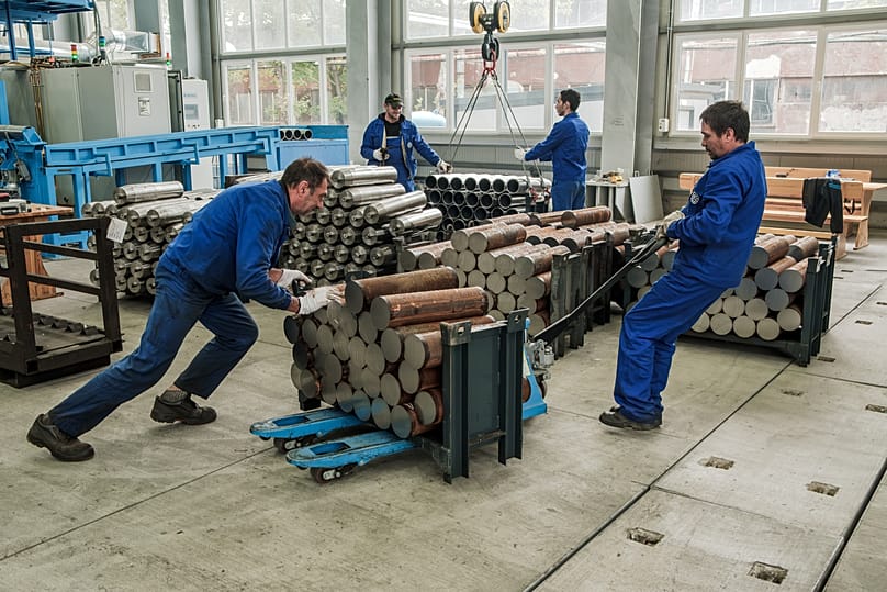 Workers at VMZ Sopot preparing the forged steel artillery shell bodies in the mechanical workshop, 17 October, 2025