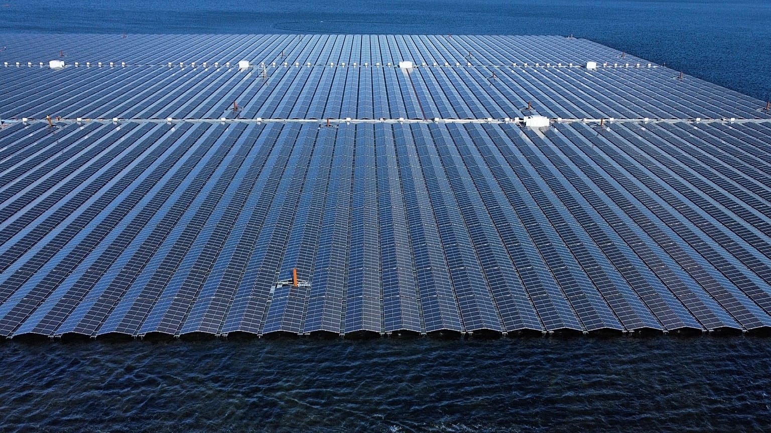 A floating solar farm operates on the Cottbuser Ostsee lake near Cottbus, Germany, Oct. 16, 2024. 