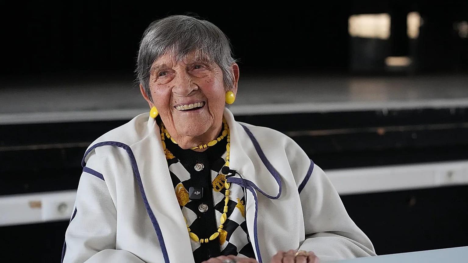 Ginette Kolinka smiles after a meeting with pupils in a Paris-region high school in Saint-Maur-des-Fosses, 21 March, 2026