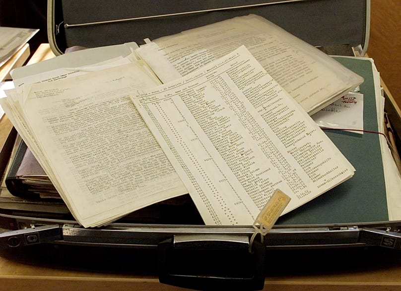 A photo which shows the alleged original Schindler's List and documents of Oskar Schindler during an exhibition of the "Stuttgarter Zeitung" of documents, 15 October, 1999