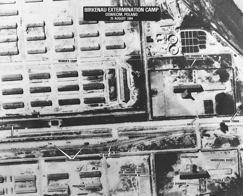 An aerial view of the Birkenau Extermination Camp at Oświęcim, 25 August, 1944