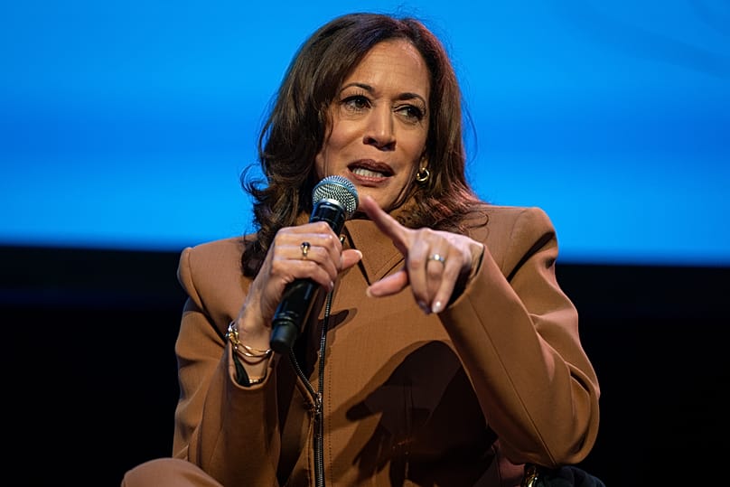 Former Vice President Kamala Harris speaks at an event promoting her latest book in Town Hall, New York, Sept. 24, 2025. (AP Photo/Angelina Katsanis)