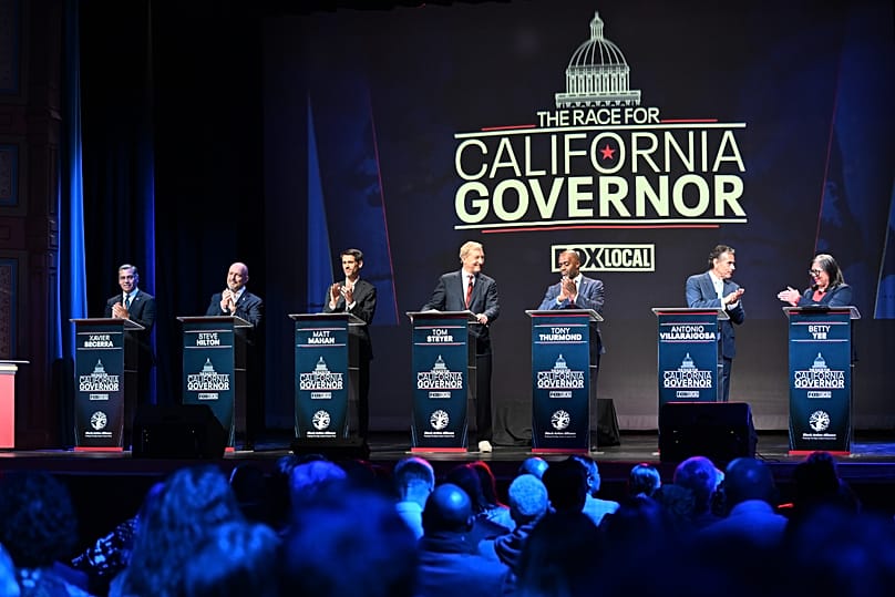 Televised debate among California gubernatorial candidates in San Franscisco, Feb. 3, 2026 (AP Photo/Laure Andrillon)