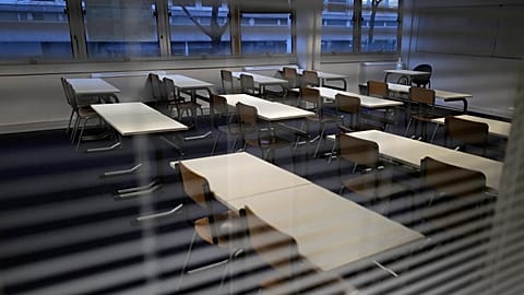 An empty classroom is pictured at MHS, the private Meo High School, in Paris, on Tuesday 9 February 2021. (illustration photo)
