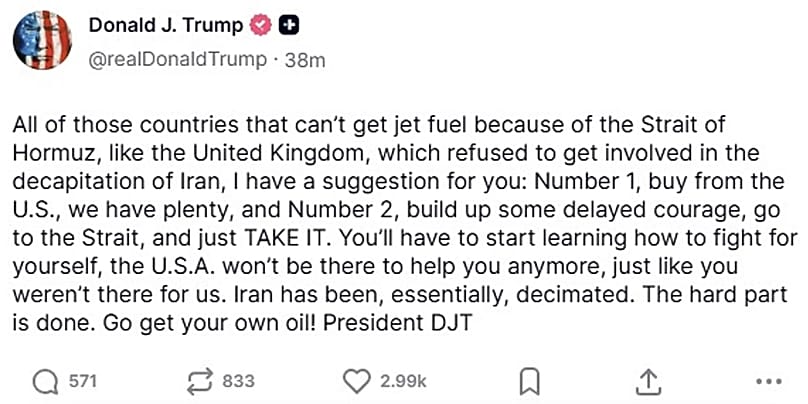 ABD Başkanı Donald Trump'ın Truth Social hesabındaki 31 Mart 2026 tarihli paylaşımının ekran görüntüsü.