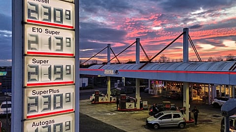 The sun has set behind a gas station in Frankfurt, Germany, Tuesday, 31 March 2026.