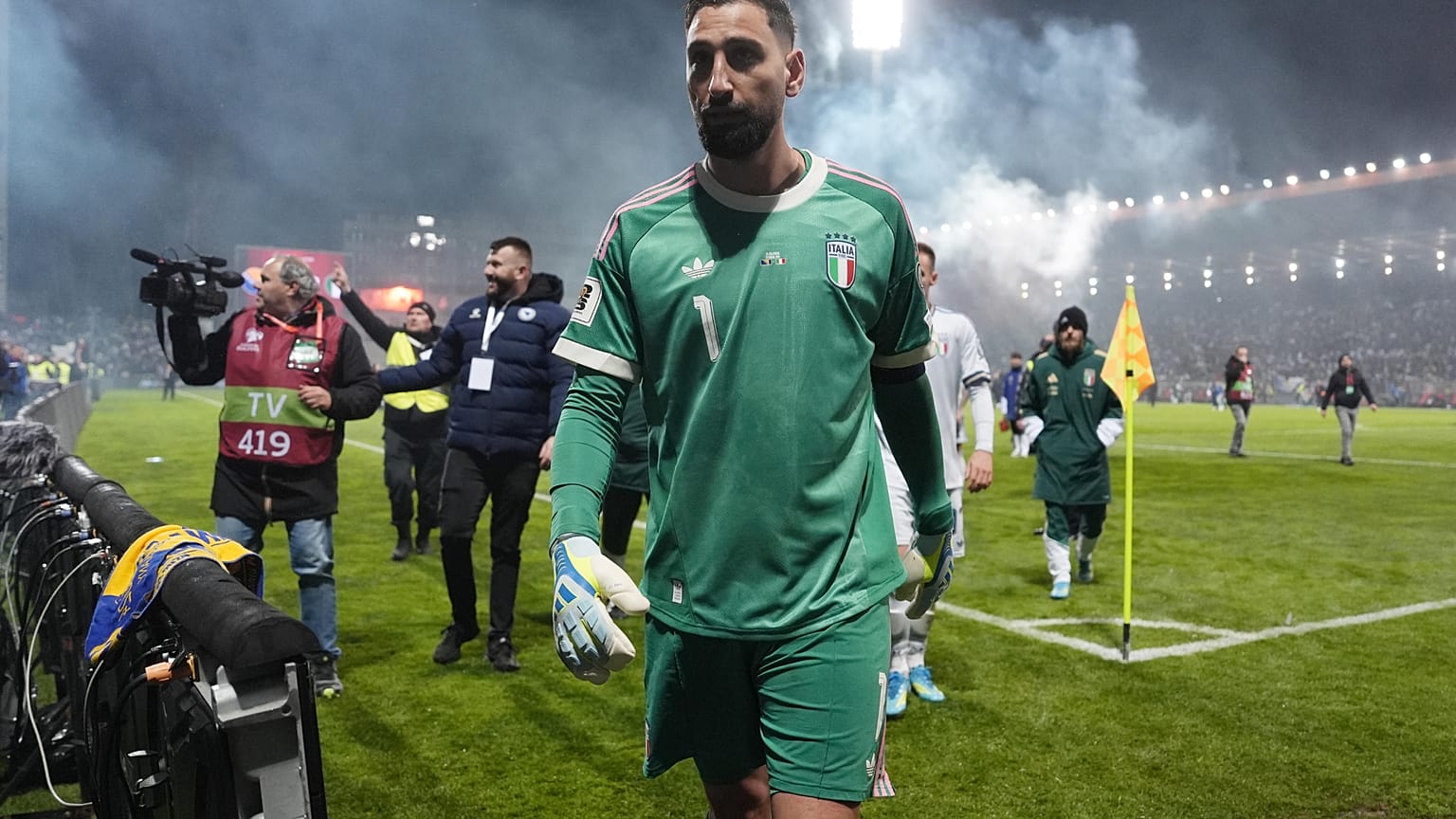 Italy's Gianluigi Donnarumma walks off the pitch after losing in a World Cup qualifying playoff final soccer match between Bosnia and Italy in Zenica, Bosnia