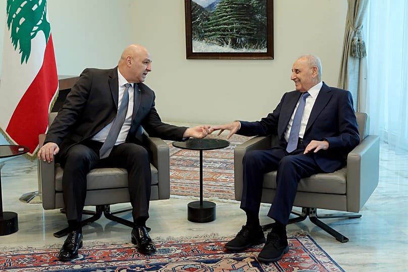 يلتقي الرئيس اللبناني جوزيف عون، برئيس مجلس النواب نبيه بري في بعبدا، شرق بيروت، لبنان، يوم الثلاثاء 14 كانون الثاني/يناير 2025.
