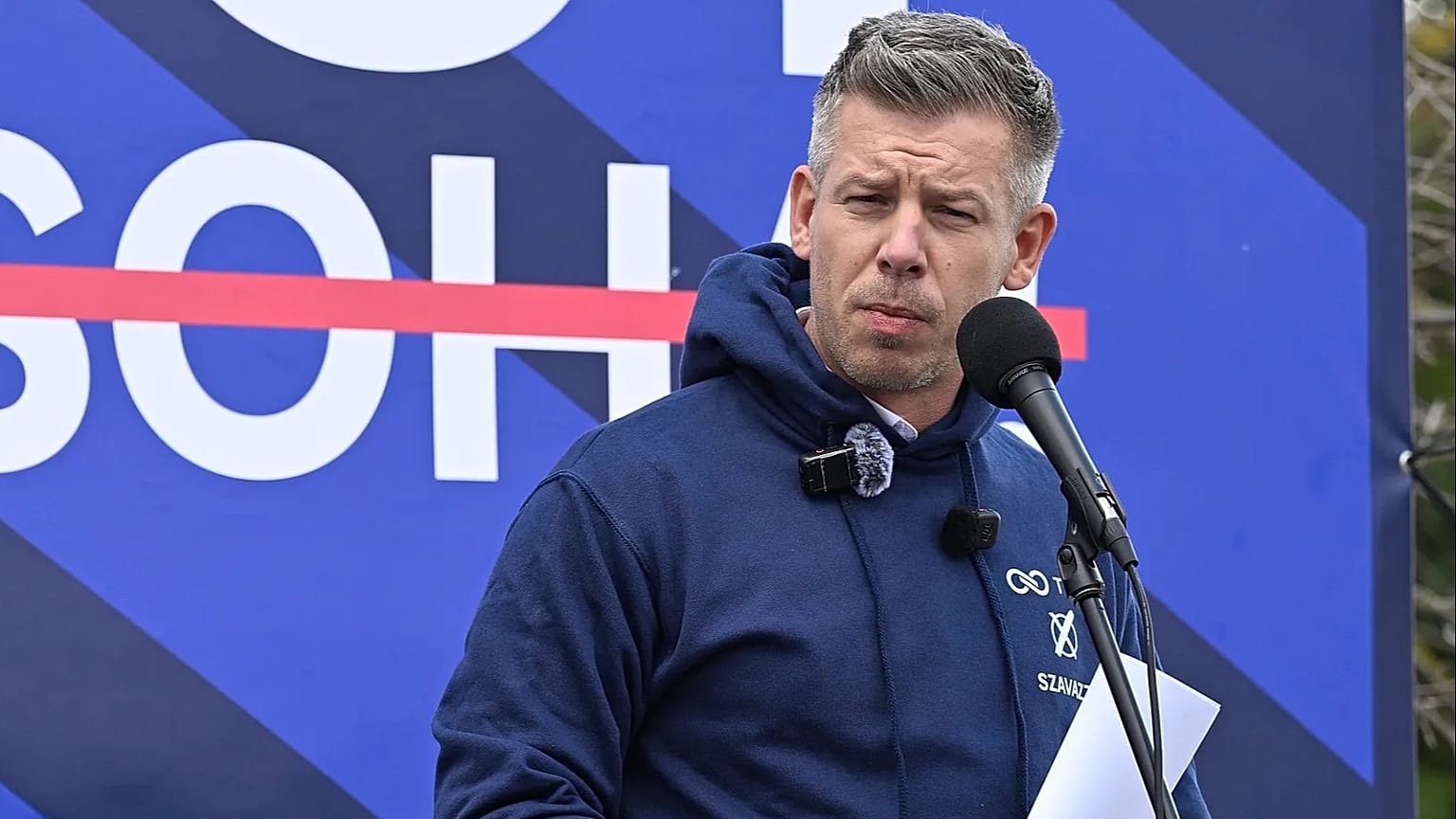 President of the opposition Tisza Party Peter Magyar speaks during a campaign stop in Velence, Hungary, Thursday, March 12, 2026. (Zoltan Mathe/MTI via AP)