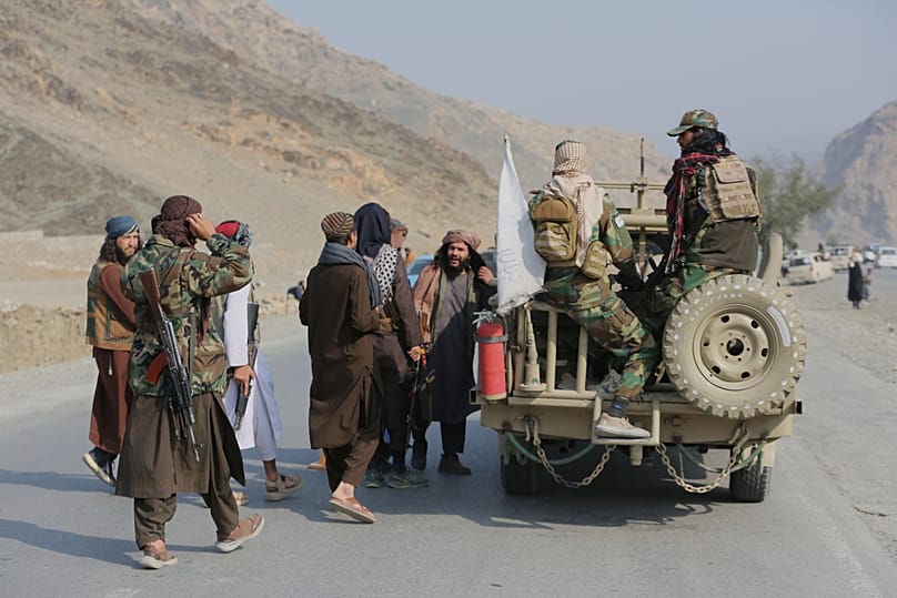 Afghan Taliban soldiers on the Afghan side of the Torkham border crossing with Pakistan, 27 February, 2026
