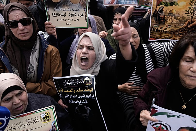 Palestinians protest Israeli parliament's approval of the death penalty for Palestinians convicted of murdering Israelis in Nablus, West Bank, Tuesday, March 31, 2026