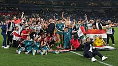 لاعبو المنتخب العراقي يحتفلون بعد المباراة النهائية لتصفيات كأس العالم لكرة القدم بين العراق وبوليفيا في مونتيري، المكسيك، الثلاثاء 31 مارس 2026. (صورة من وكالة أسوشيتد برس/فر