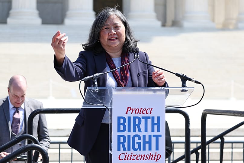 ACLU legal director Cecillia Wang speaks outside the US Supreme Court in Washington, 1 April, 2026