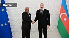 Azebaijan's President Ilham Aliyev, right, and European Council President Antonio Costa shake hands during their meeting in Baku, Azerbaijan, Wednesday, March 11, 2026