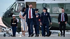 Vice President JD Vance and second lady Usha Vance walk to board Air Force Two to depart for Budapest, at Joint Base Andrews, Md., Monday, April 6, 2026. 