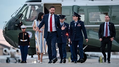 Vice President JD Vance and second lady Usha Vance walk to board Air Force Two to depart for Budapest, at Joint Base Andrews, Md., Monday, April 6, 2026. 