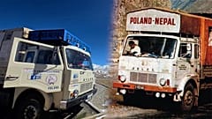Rechts: Jelcz auf der Route Polen-Nepal in den 1970er Jahren Archiv. Foto Jerzy Pietrowicz / Links: Polnische Jelcz im Himalaya, 2026. Foto: Maciej Pietrowicz