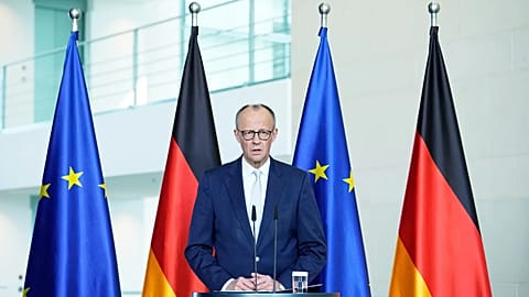 German Chancellor Friedrich Merz speaks to media at the chancellery in Berlin, 9 April, 2026