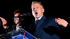 Hungary’s incoming Prime Minister Péter Magyar speaks to his supporters in Budapest, 12 April, 2026