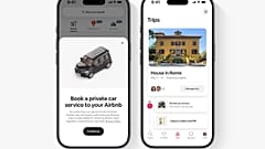 Zwei Telefonbildschirme zeigen die neuen privaten Autotransferdienste von Airbnb