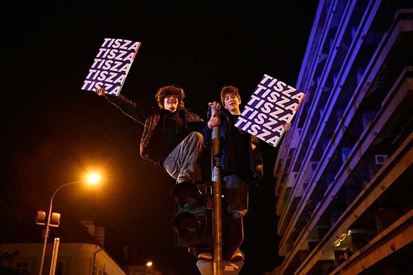 Youngsters celebrate after the general election in Budapest, 13 April, 2026
