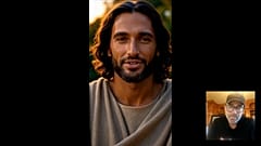Geteilte Bildschirmansicht: Jesus-KI spricht, Jeff Tinsley, Mitgründer und Investor von Just Like Me, hört zu.