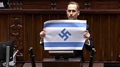 Mitglied der rechtsextremen Partei Konfederacja während einer Rede im polnischen Sejm, Warschau, 14.04.2026.