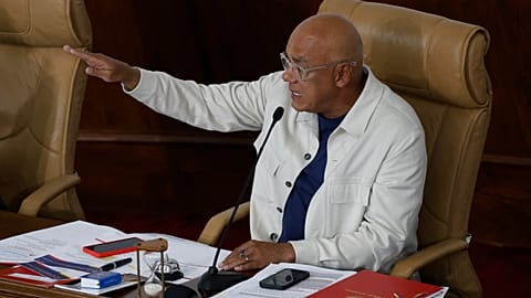 Jorge Rodríguez gestures during a debate on a mining bill at the National Assembly in Caracas, 9 March 2026.