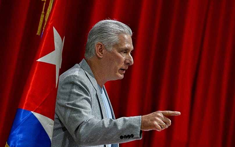 Cuban President Miguel Díaz -Canel delivers a speech at the Convention Palace in Havana, 20 March, 2026