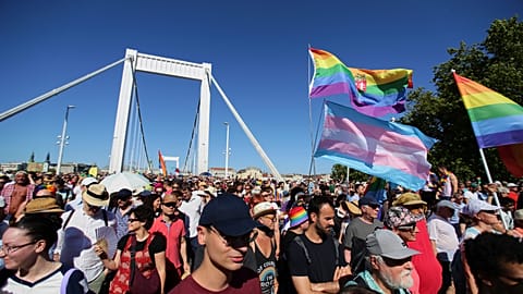Participants in the Pride march cross the Elisabeth Bridge in Budapest, Hungary, Saturday, June 28, 2025. (AP Photo/Rudolf Karancsi)
