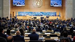 الأمين العام للأمم المتحدة أنطونيو غوتيريش يتحدث خلال افتتاح الدورة الـ61 لمجلس حقوق الإنسان التابع للأمم المتحدة في المقر الأوروبي للمنظمة في جنيف، في 23 فبراير 2026.