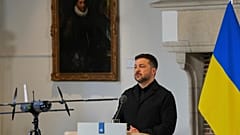 Ukraine's President Volodymyr Zelenskyy speaks next to a drone after he received the International Four Freedoms Award, in Middelburg, Netherlands, Thursday, April 16, 2026.