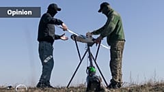 Soldiers of the 127th Separate Territorial Brigade launch a drone to search for Russian attack drones at the front line in the Kharkiv region Friday, March 13, 2026.