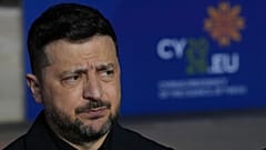 Ukraine's President Volodymyr Zelenskyy makes statements as he arrives for the EU Summit in Ayia Napa, Cyprus, Thursday, April 23, 2026.