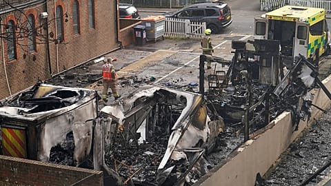 View of burnt ambulances in a car park at Golders Green in London, 23 March, 2026